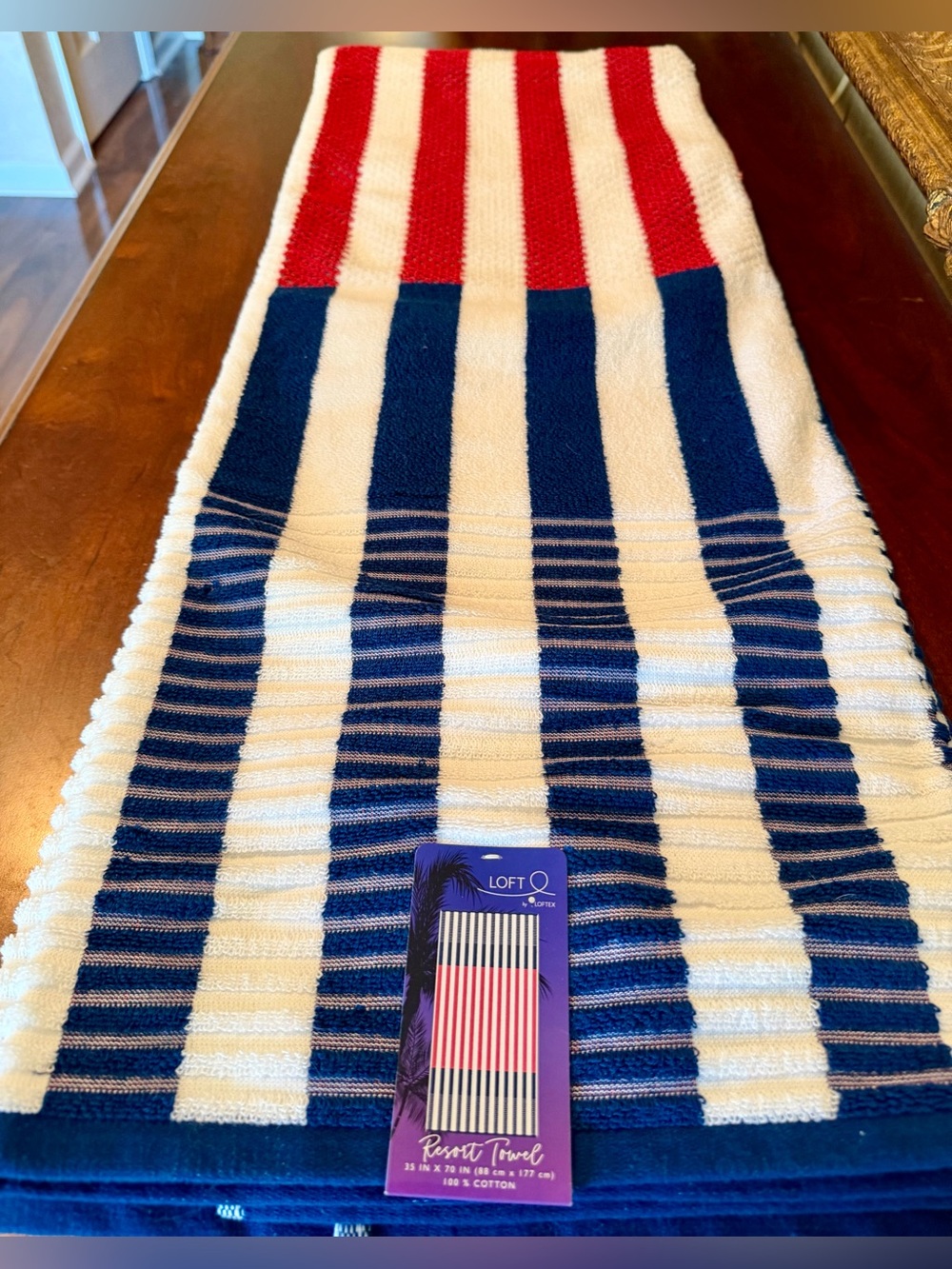 Loft by Loftex Resort Beach Towel 35x70 Red White Blue Striped 100% Cotton NWT